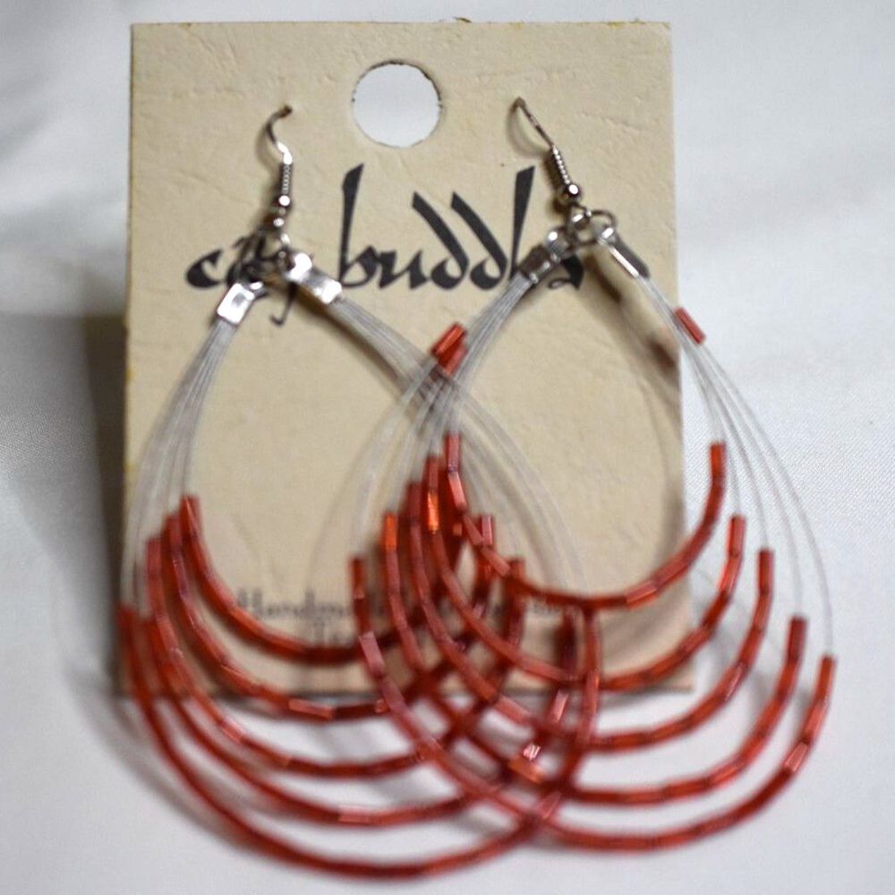 NWT City Buddha Multi Layer Silver Tone Wire Teardrop Red Beaded 3+" Earrings